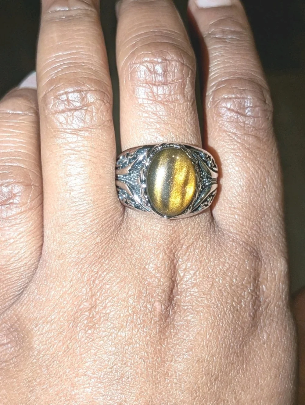 Men Oval Tiger Eye Gemstone Silver Plated Ring , Brown Veined Stone Ring Sz 10